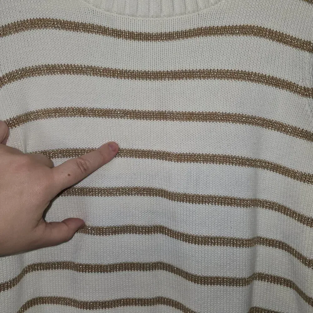 Jones New‎ York Cream Gold Striped Shiny Crew Neck Sweater Petite Medium